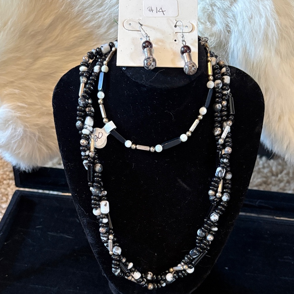 Elegant Black and Silver semi precious Beaded Necklace and Earring Set